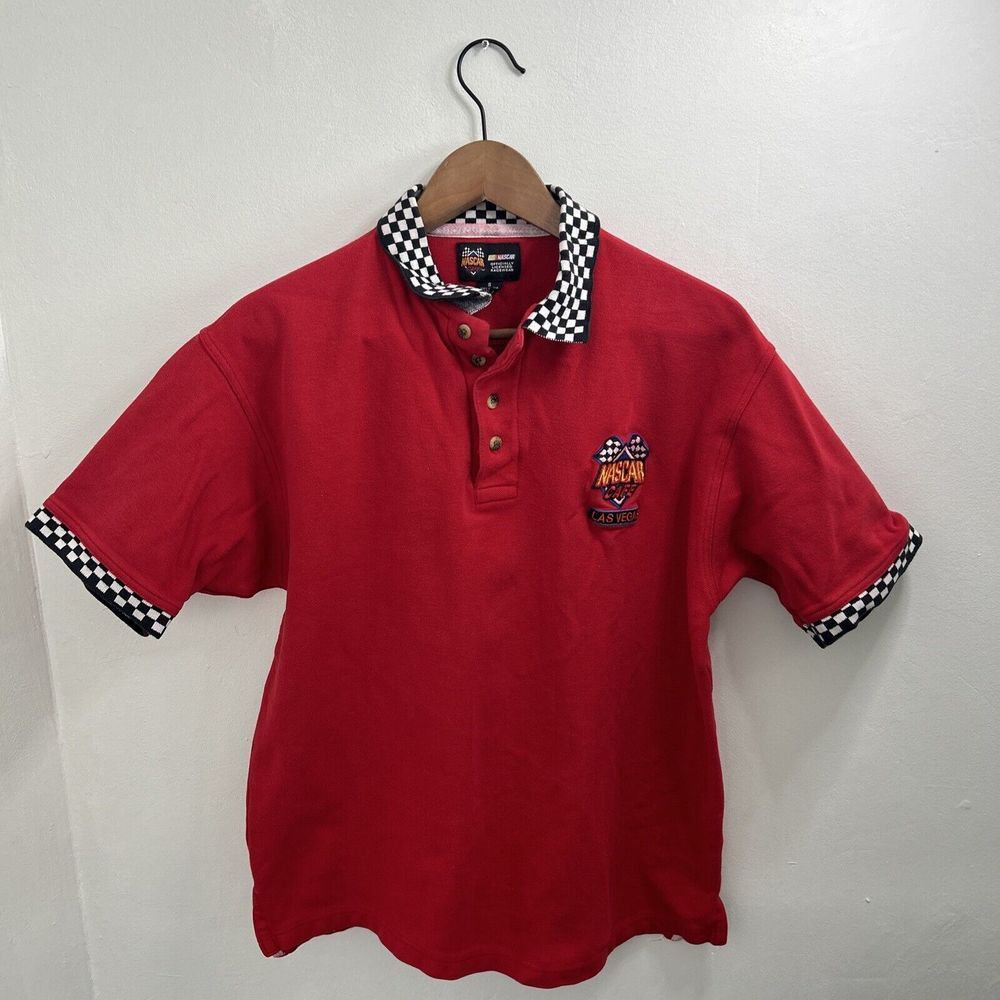 Nascar Racing Las Vegas RARE 90s Red w/ B&W Checkboard Flag Polo SZ Small